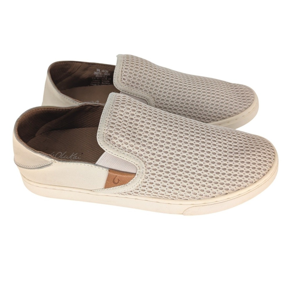 OluKai Pehuea Slip On Sneaker Women 7 Taupe Mesh Drop-In Heel Coastal Minimalist